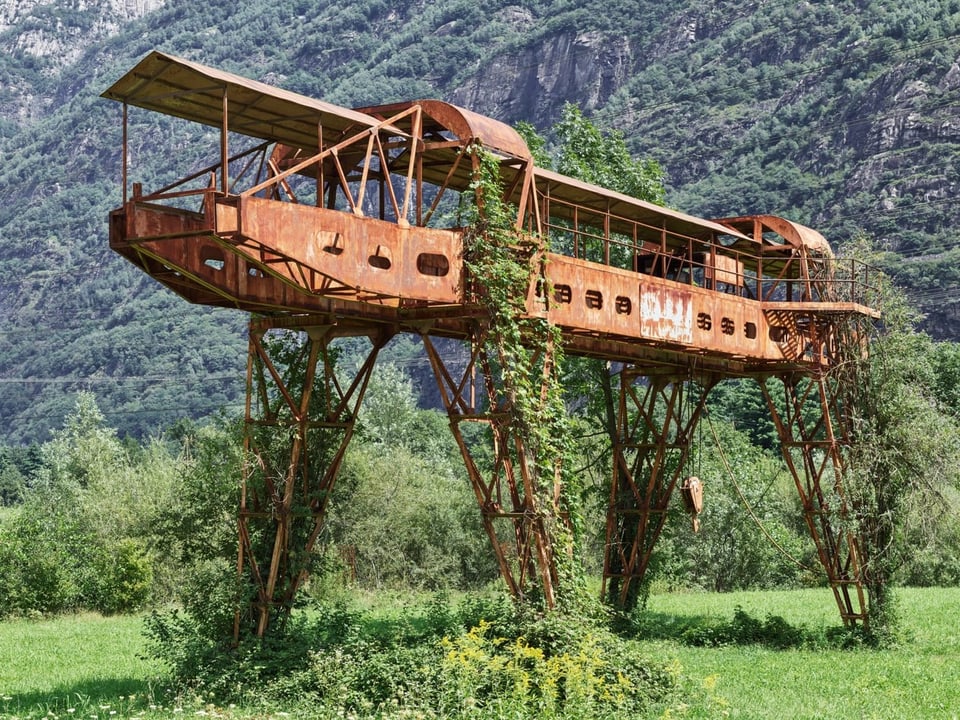 A ship in front of a mountain range overgrown by plants.