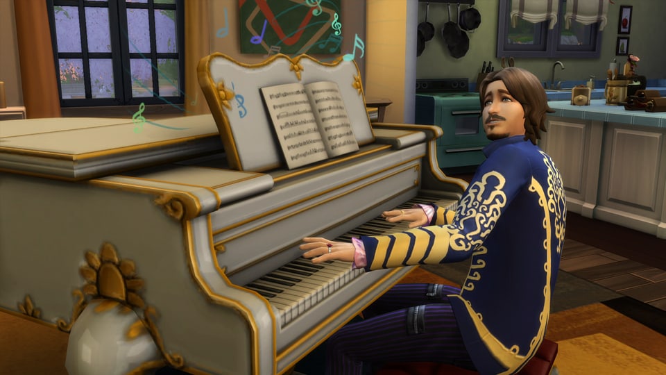 Ein Sims spielt ein Lied an einem Klavier.