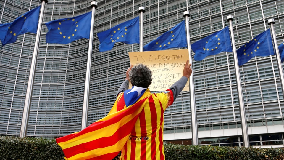 Mann mit EU-Flagge als Mantel vor dem EU-Gebäude mit EU-Fahnen.