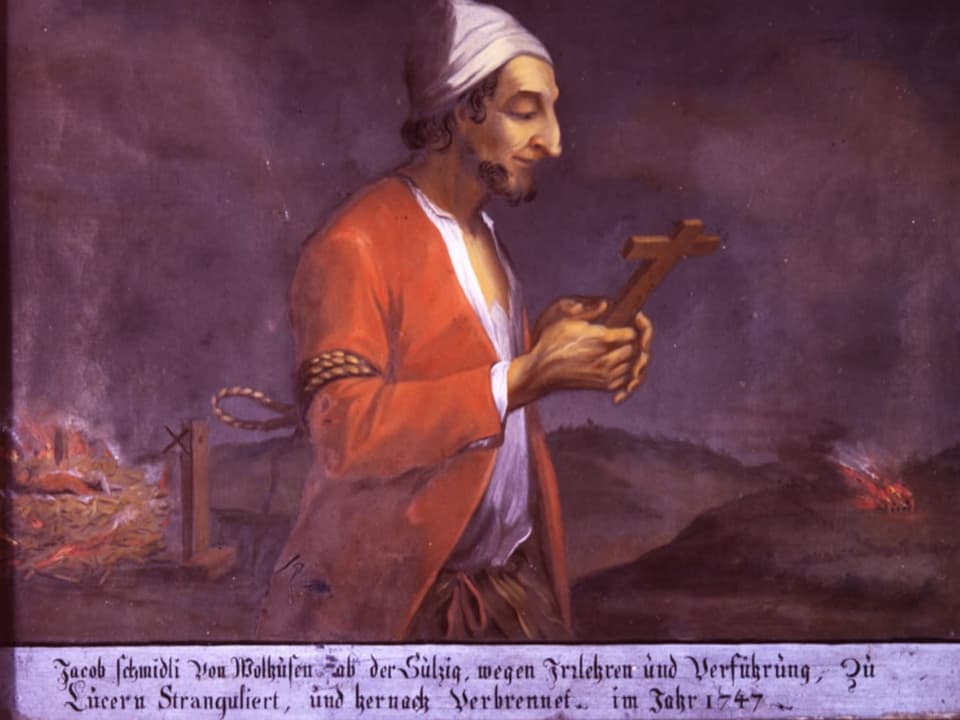 Gemälde: Mann mit rotem Mantel und Holzkreuz, der einen Strick um den Arm trägt.