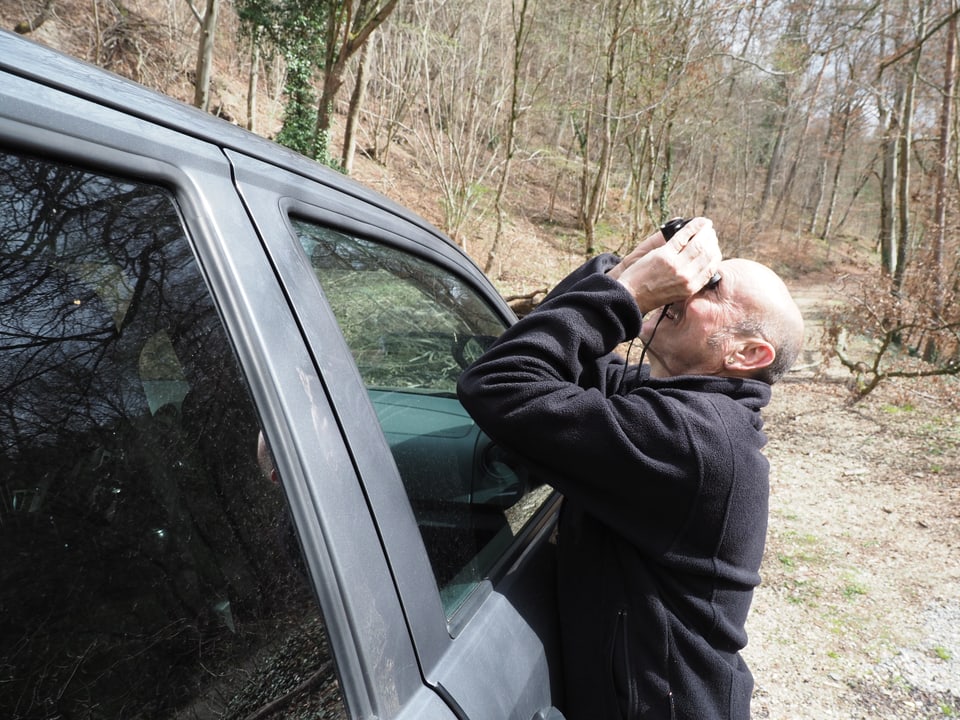 Buser beobachtet mit Feldstecher 