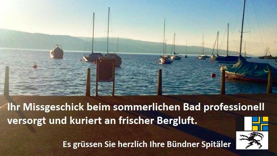 Bild vom Zürichsee und Aufschrift «Ihr Missgeschick beim sommerlichen Bad professionell versorgt und kuriert an frischer Bergluft».