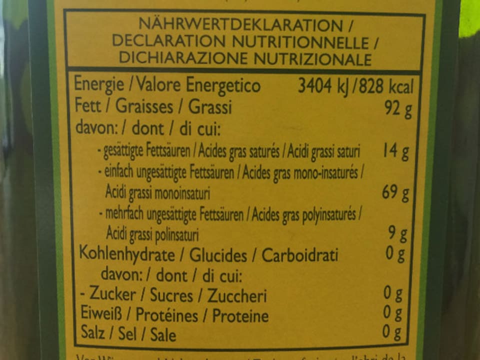 Nahaufnahme Olivenöletikette.