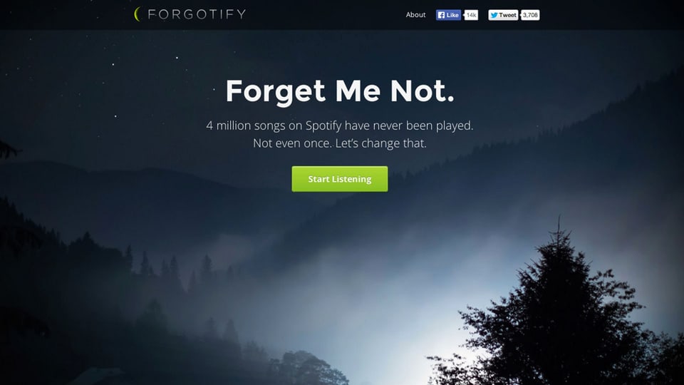 Die Webseite Forgotify: Ein dunkler Wald.