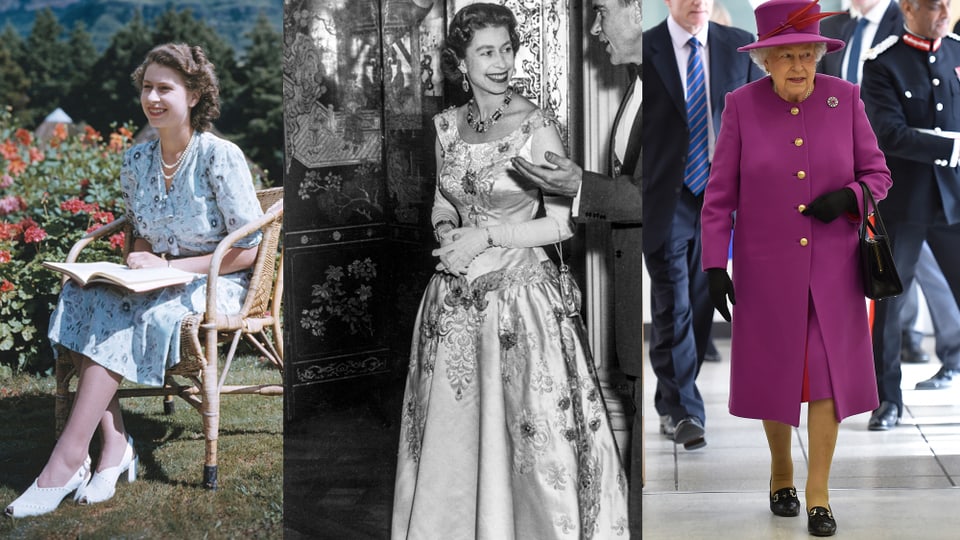 Eine Collage aus drei Fotos, welche die Queen in unterschiedlichen Lebensjahren und unterschiedlichen Kleidungsstilen zeigt.