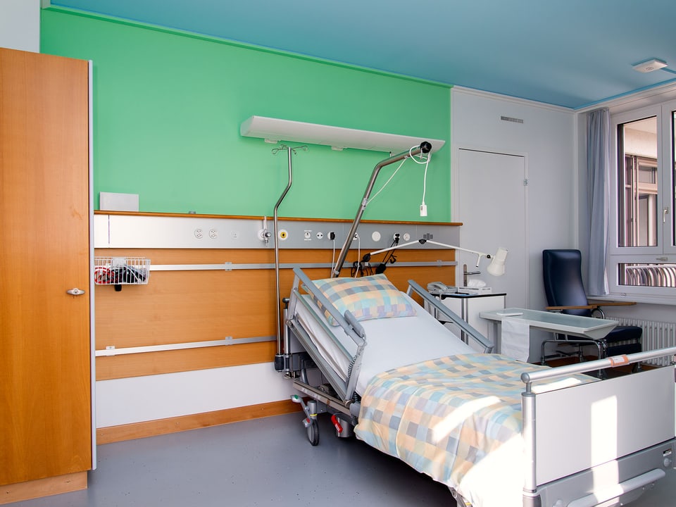 Ein grün-blau gestrichenes Spitalzimmer.