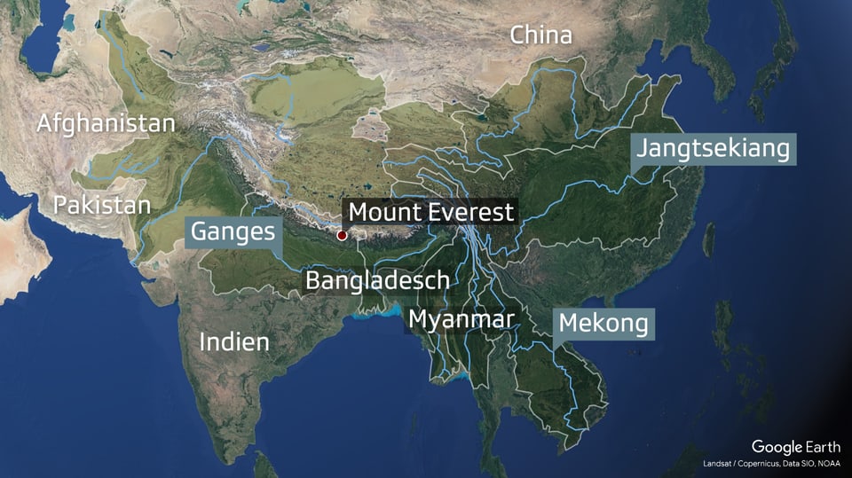 Die Hindukusch-Region mit Seen, Gletschern und Flüssen