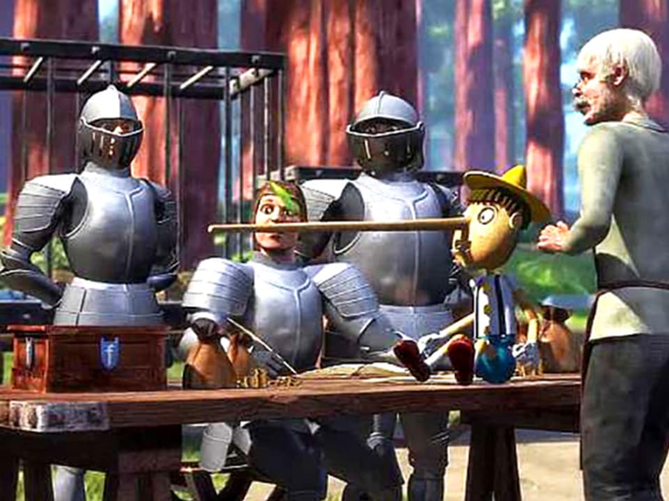 Pinocchio sitzt auf einem Holztisch, links steht sein Erfinder, zu seiner Rechten sind Ritter in Rüstungen.