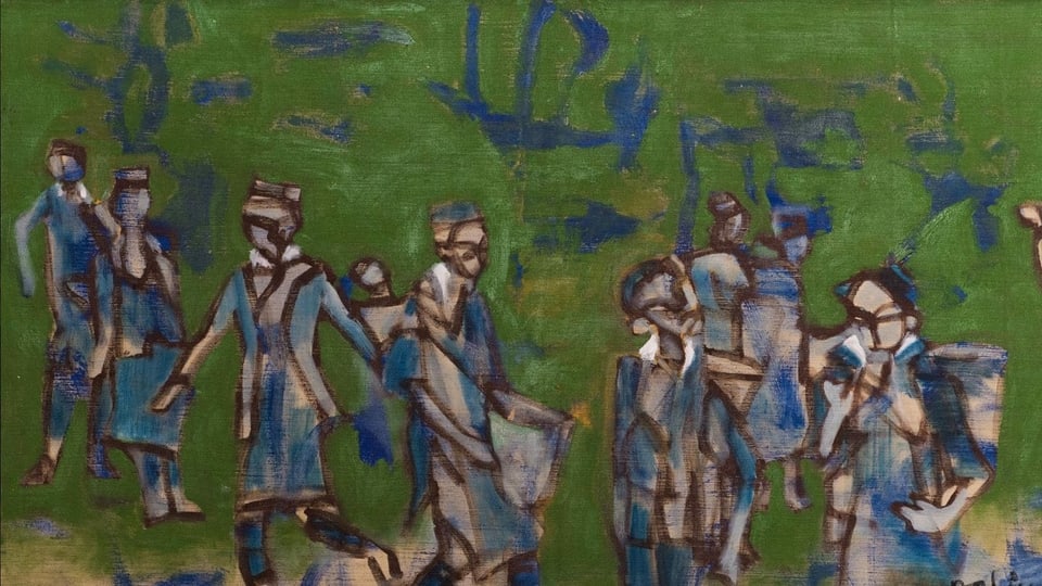 Grünes Ölgemälde mit abstrakten grau-blauen Personen.