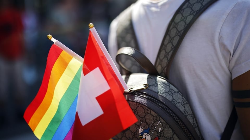 Mann mit Rucksack, eine Regenbogen- und eine Schweizfahne