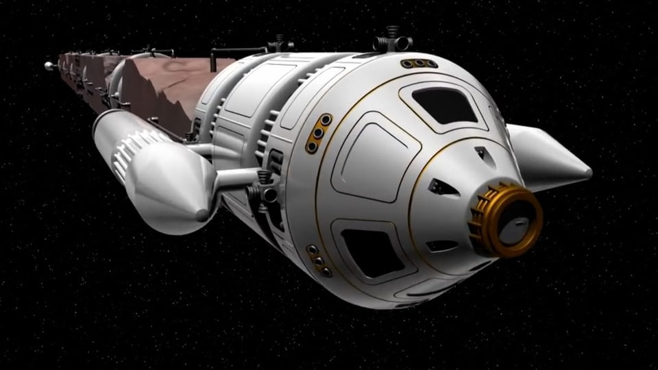 Illustration eines Raumschiffs, dass einen Asteroiden abbaut.