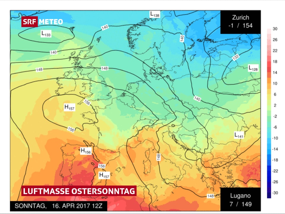 Europakarte mit der Temperaturverteilung in Europa.