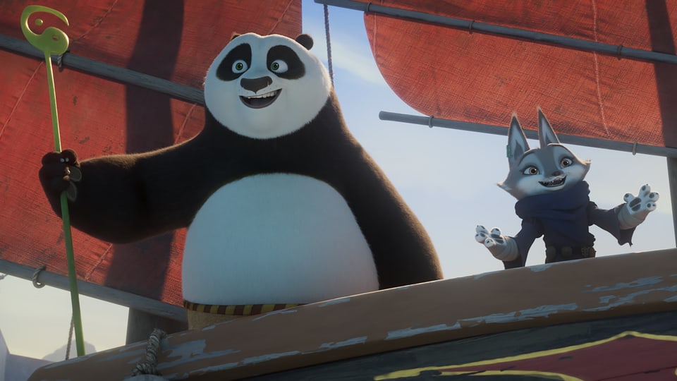 Szene aus Animationsfilm: Panda und Fuchs stehen nebeneinander auf einem Boot.