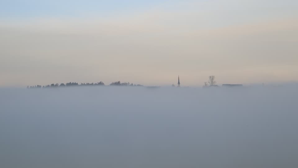 Dicke Nebelschicht, etwa fünf Meter mächtig, darüber der Kirchturm von Seegräben.
