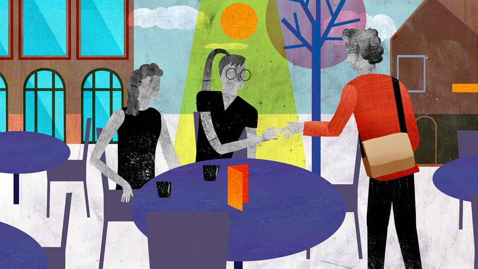 Illustration einer Szene im Restaurant. An einem runden Tisch sitzen zwei Frauen, ein Mann kommt dazu und gibt die Hand