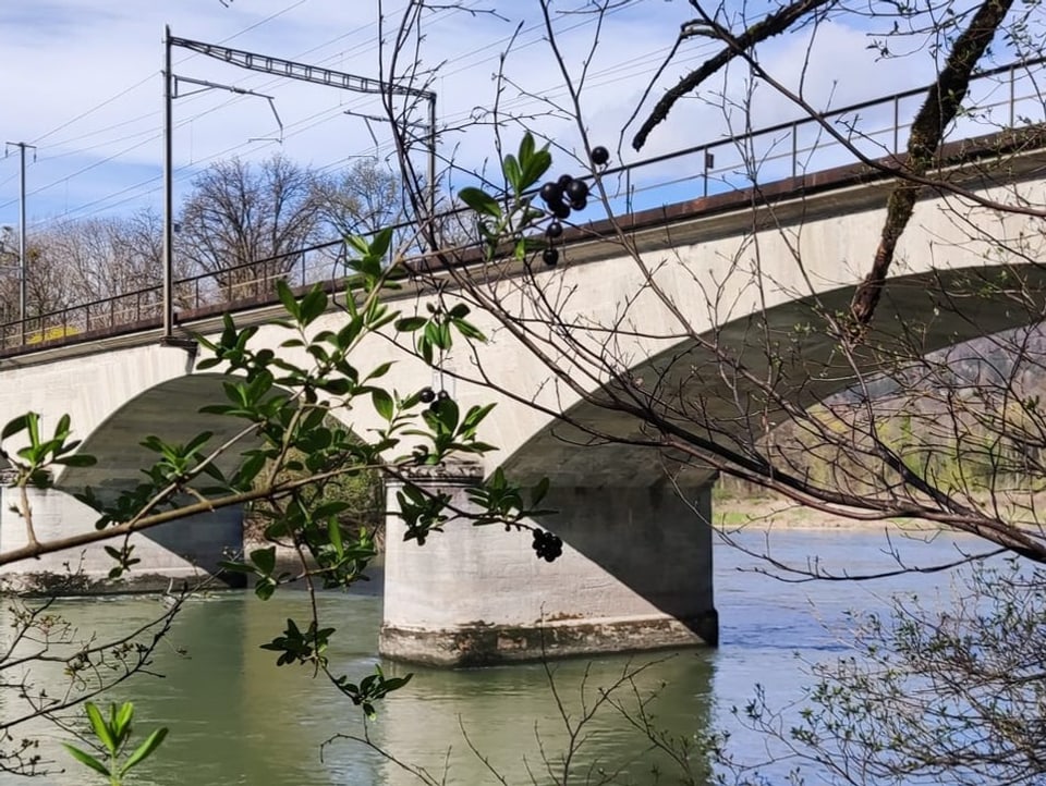 Eisenbahnbrücke aus Beton über Fluss.