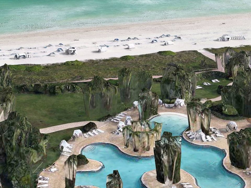 3D-Kartenansicht: Ein Pool neben einem Strand. Bäume am Beckenrand sind fehlerhaft dargestellt, unförmig und klobig.