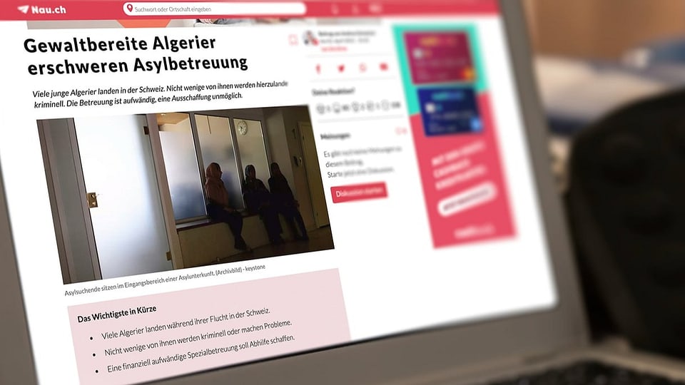 Laptop-Bildschirm, auf dem ein Artikel mit der Überschrift «Gewaltbereite Algerier erschweren Asylbetreuung» steht.