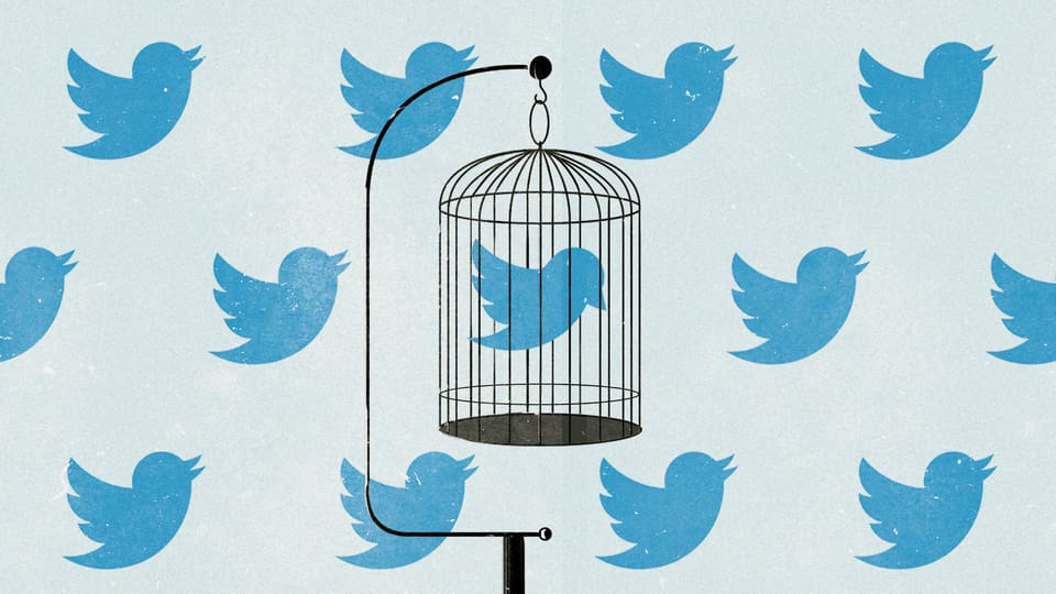 Twitter-Vögeln auf einer Tapete. Ein Twitter-Vögelchen ist in einem Käfig eingesperrt.