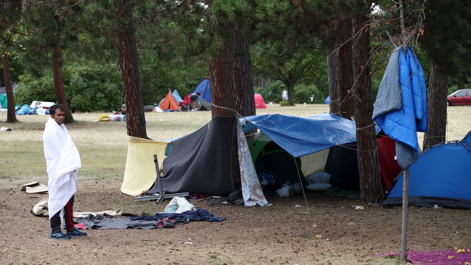 Ein Mann, von einer weissen Decke umhüllt, steht neben notdürftig errichteten Campingzelten unter Bäumen.
