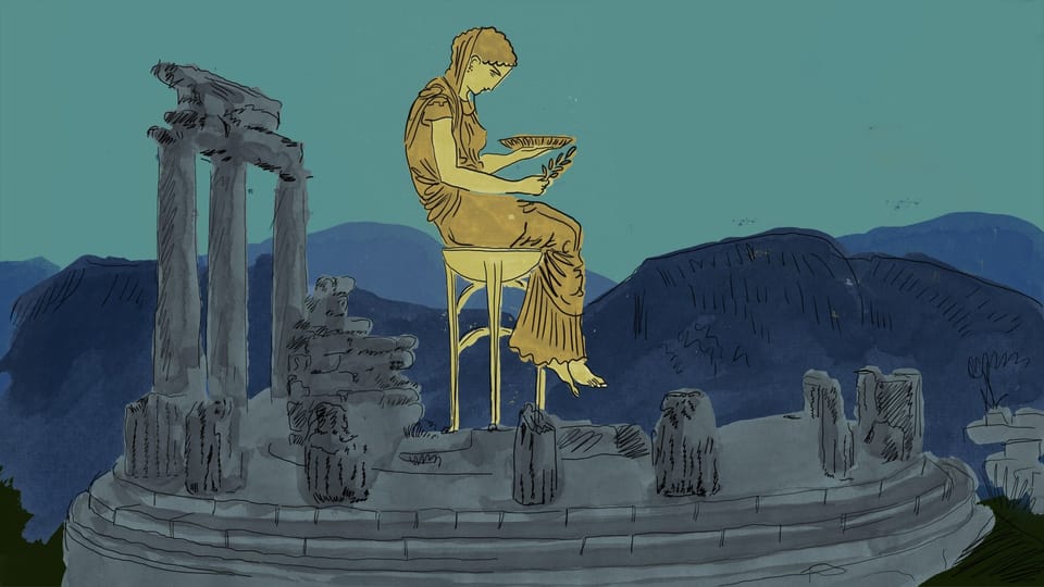 Illustration einer jungen Frau, die inmitteln antiker griechischer Überreste eines Hauses auf einem Hocker sitzt.