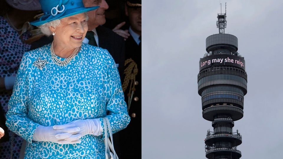 Zu Ehren der Queen leuchtet ein Schriftzug hoch über den Dächern von London. 