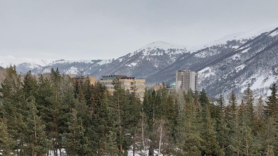 Ein paar Wohnblöcke stehen zwischen Wald und Bergen, die im Hintergrund schneebedeckt sind.