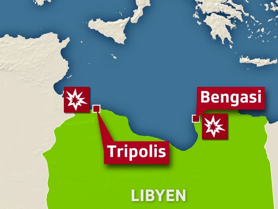 Kartenausschnitt, der die Städte Tripolis und Bengasi in Libyen hervorhebt.
