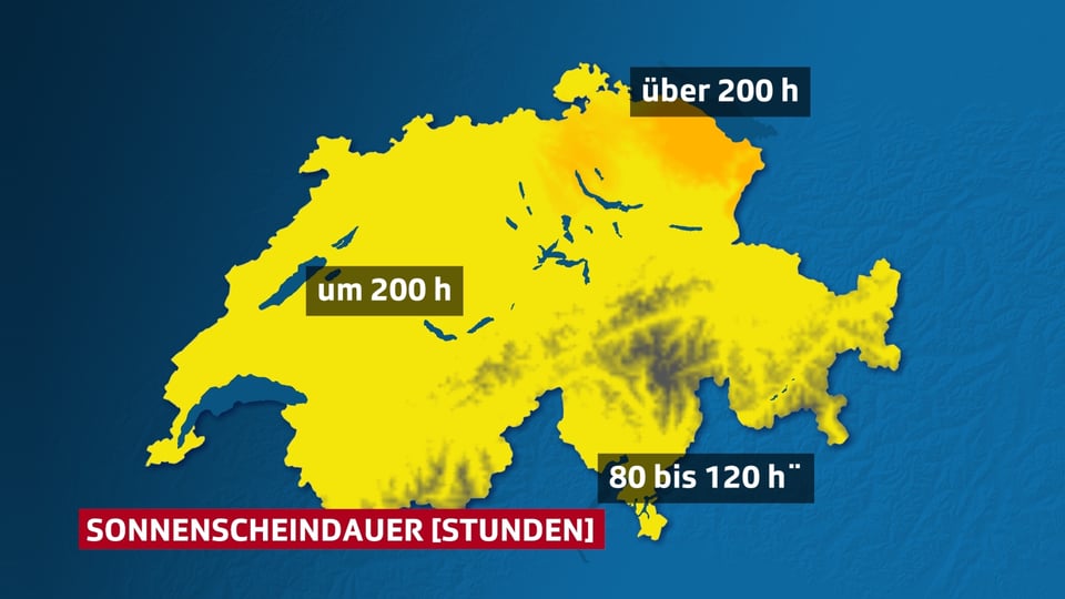 Verteilung der Sonnescheindauer auf der Schweizkarte mittels Farblächen. Spitzenreiter, Bodenseeraum (bis zum 29.05.2018)  mehr als 200 Stunden Sonneschein.