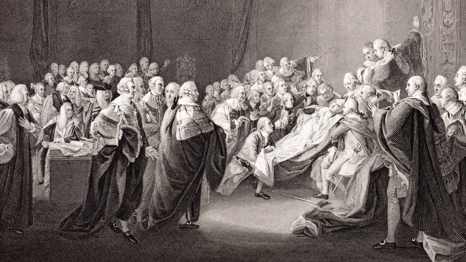 «The Death of the Earl of Chatham» als Stich in schwarz-weiss, massenhaft unter die Leute gebracht.
