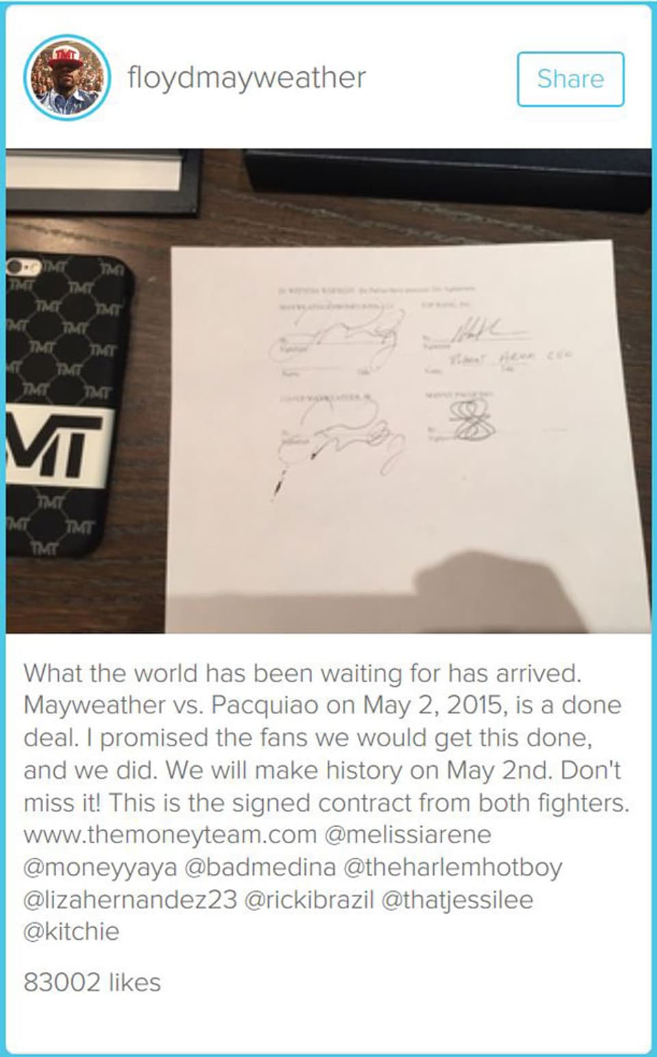 Der Vertrag zum Kampf zwischen Floyd Mayweather und Manny Pacquiao