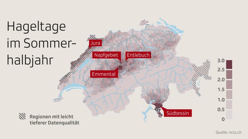 Schweizerkarte mit Hageltage im Sommer-Halbjahr