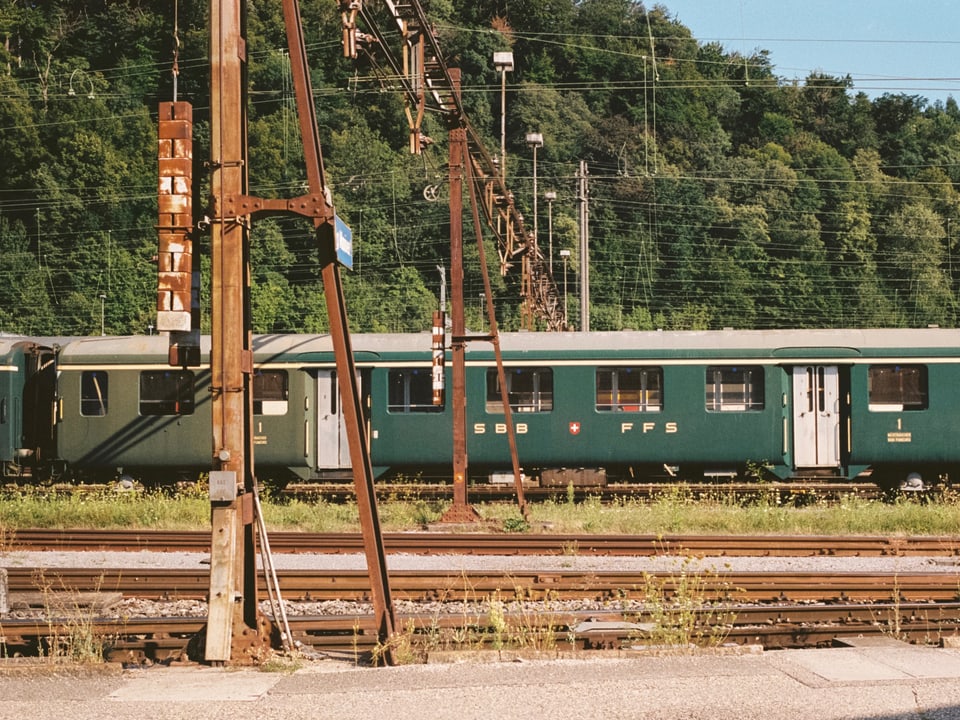 Alte SBB Zugwagons auf rostigen Gleisen. Im Hintergrund Wald.