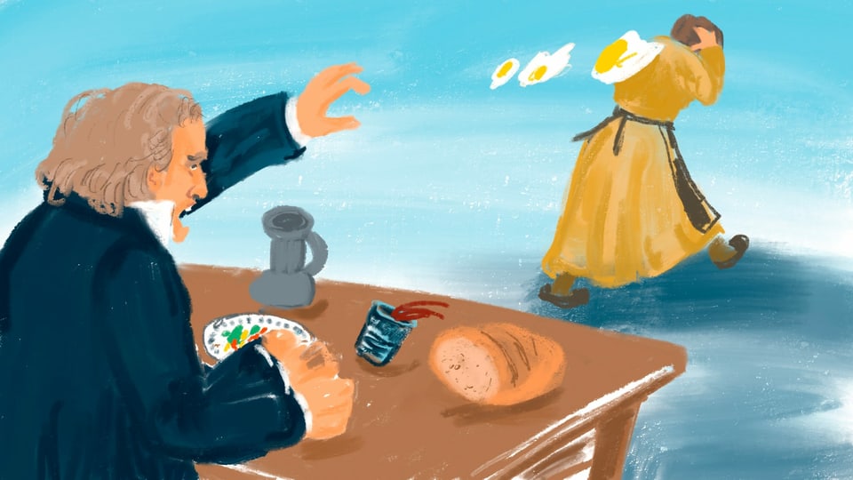 Illustration: Beethoven am Tisch, wirft Eier nach einer davoneilenden Frau