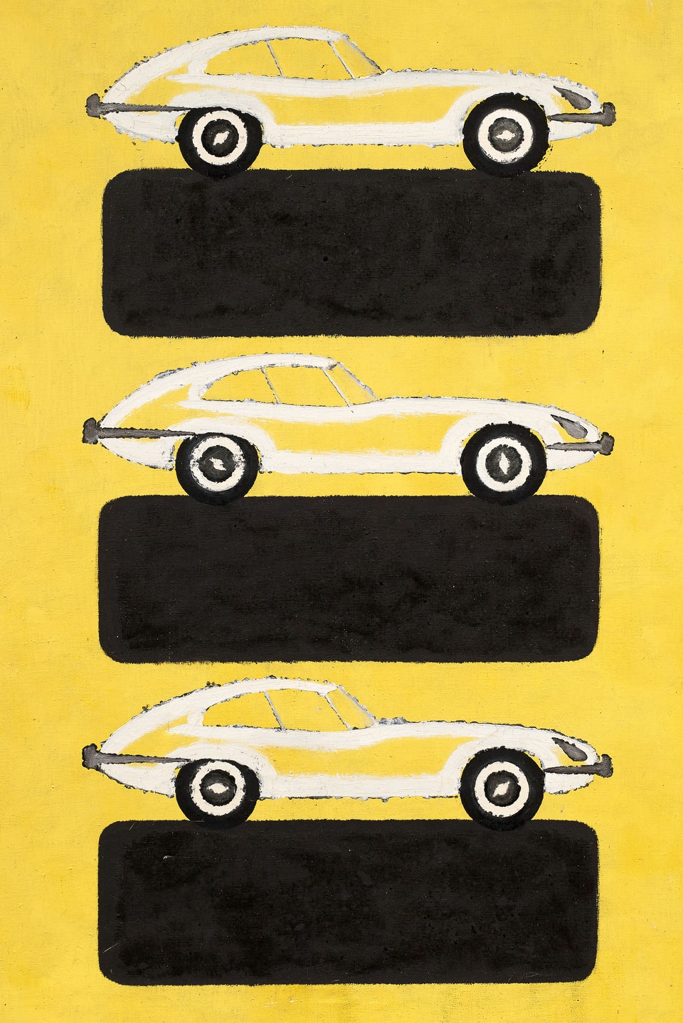 Acrylgemälde: drei gestapelte Sportwagen.