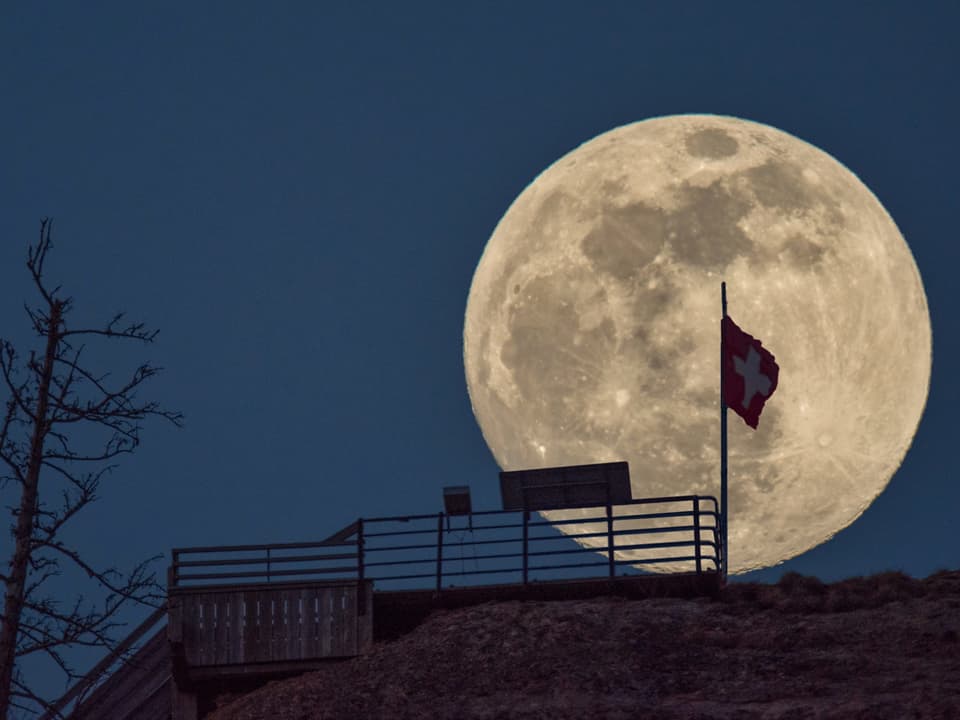 Vor dem Mond befindet sich ein Falggenmast, ein Geländer und ein kahler Baum, der Mond leuchtet gelblich weiss.