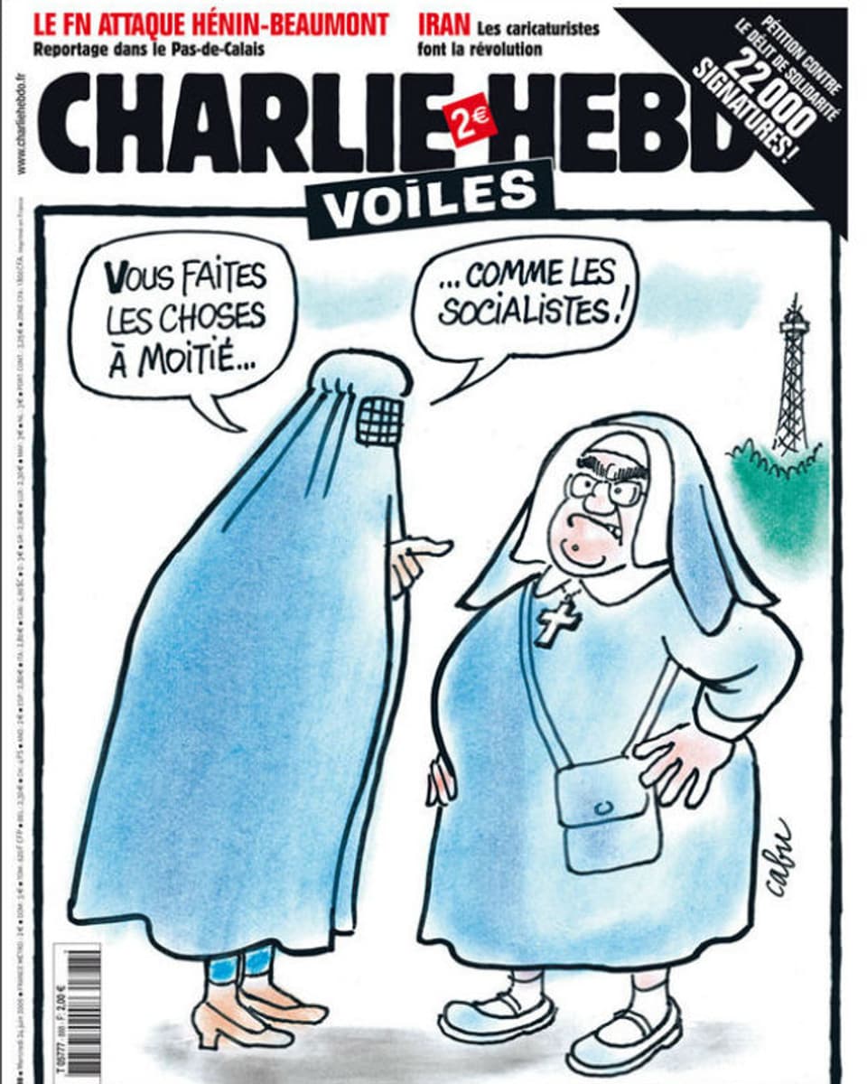 Eine Karikatur von zwei Nonnen, die zynisch über Sozialisten sprechen.