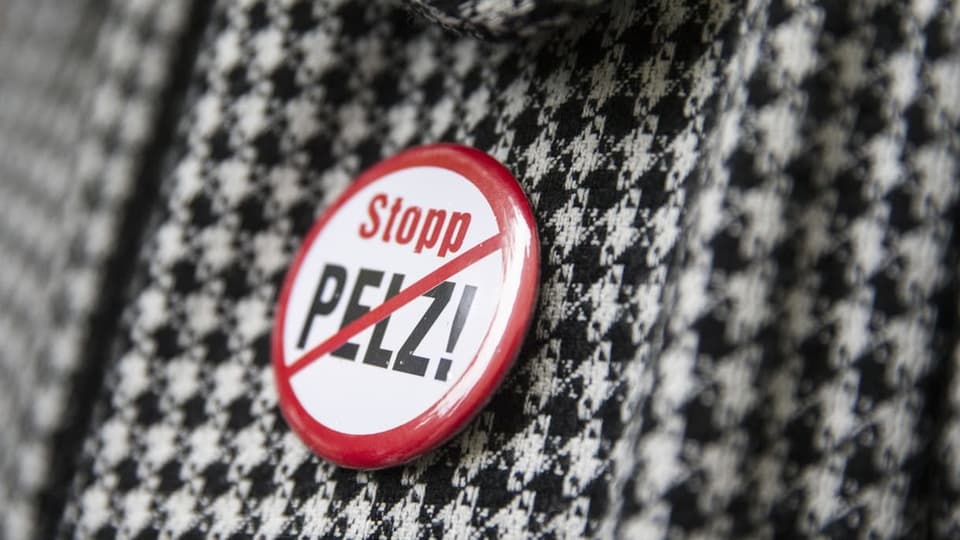 Ein Button mit der Aufschrift «Stopp Pelz» hängt an einem Mantel 