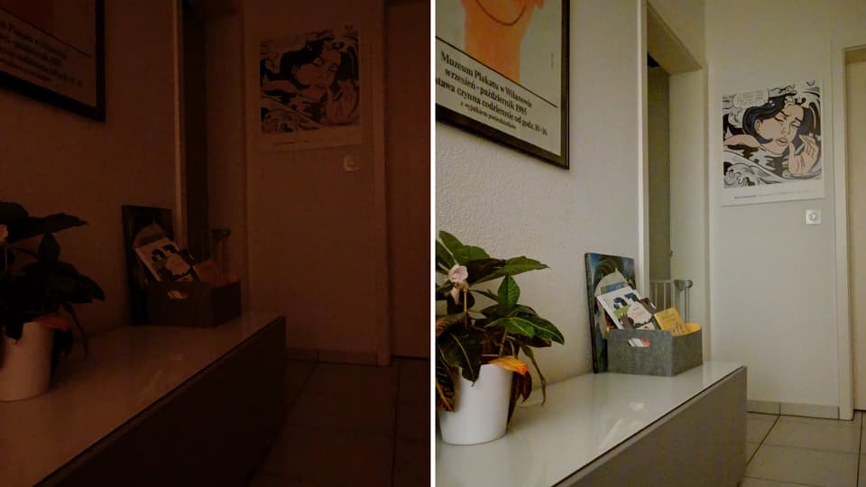 Zwei Bilder, auf denen ein Korridor und farbige Plakate zu sehen sind, sind nebeneinander abgebildet.