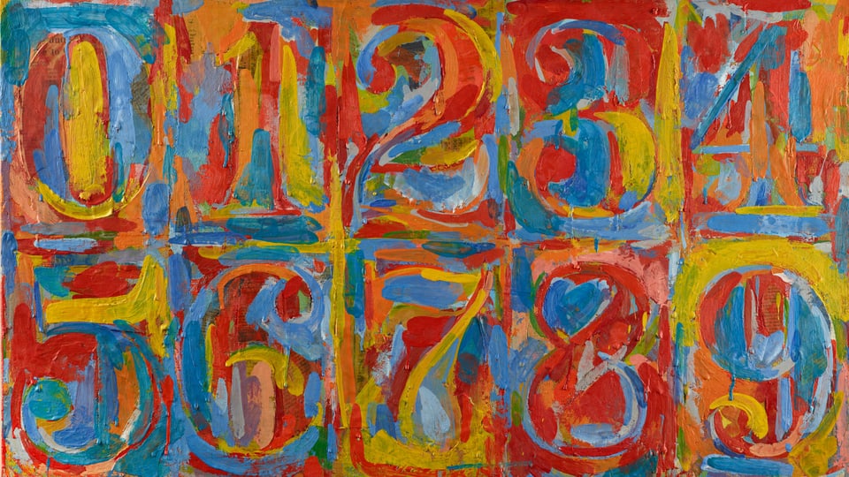 Die Zahlen 0 bis neun in zwei Reihen bunt gemalt. 