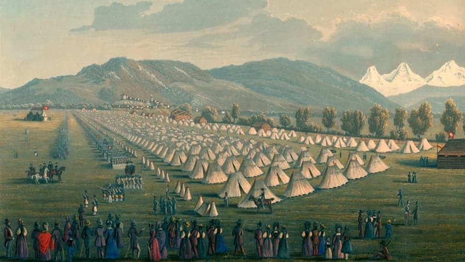 Die Manöverkarte 1842 mit dem Zeltlager und dem Alpenpanorama.