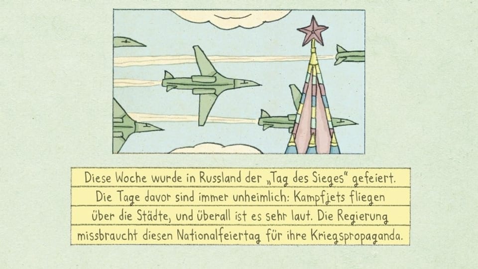 Illustration: Kampfjets fliegen am Himmel. Zu sehen sind sonst noch Wolken und ein Kirchturm.