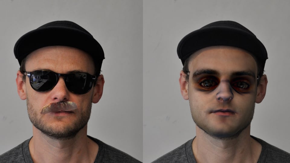 Zweimal das Porträt derselben Person, links mit Sonnebrille, falschem Schnurrbart und Mütze, rechts als vom Computer errechnetes Bild.
