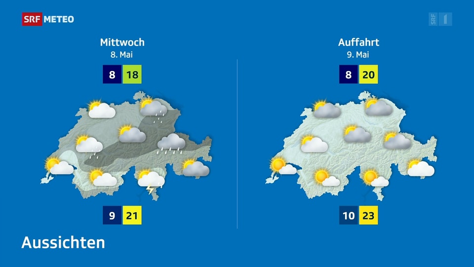 Wettervorhersagekarte der Schweiz für zwei Tage, zeigt Temperaturen und Wetterzustände.