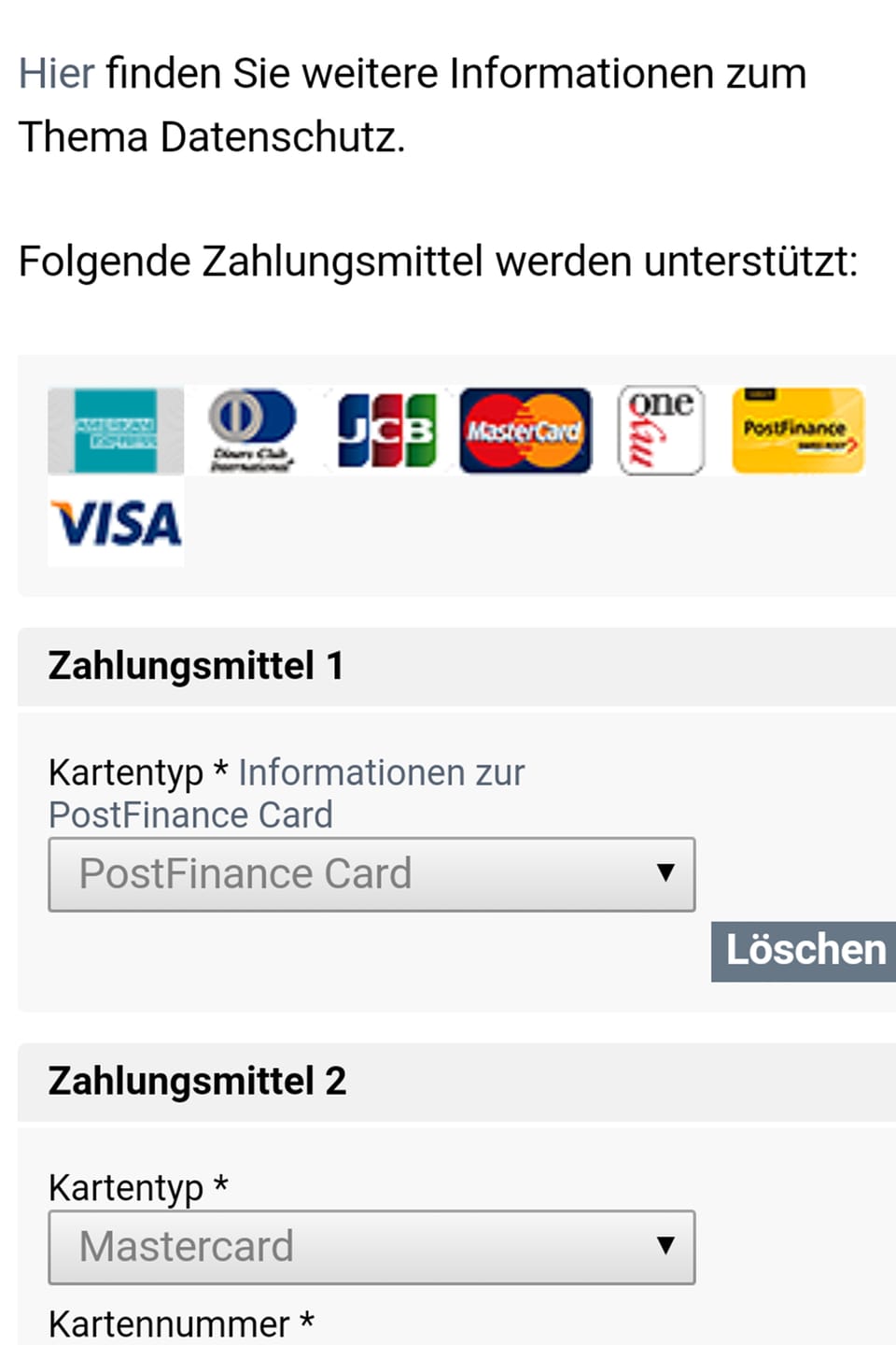 Screenshot der neu integrierten Verwaltung der Zahlungsmittel.