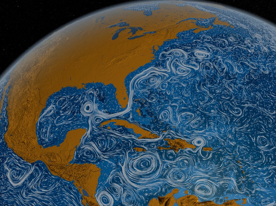 Eine Visualisierung, auf der die USA eingefärbt ist. Neben der Ostküste stellen Striche die Strömungen im Meer dar.