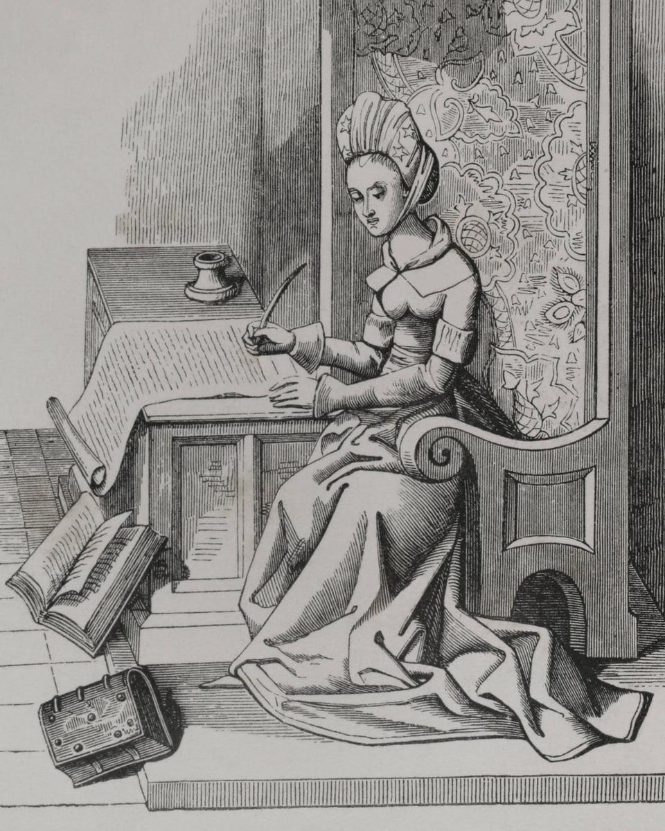 Historische Illustration einer Frau im 18. Jahrhundert, die an einem Schreibtisch mit einer Feder schreibt