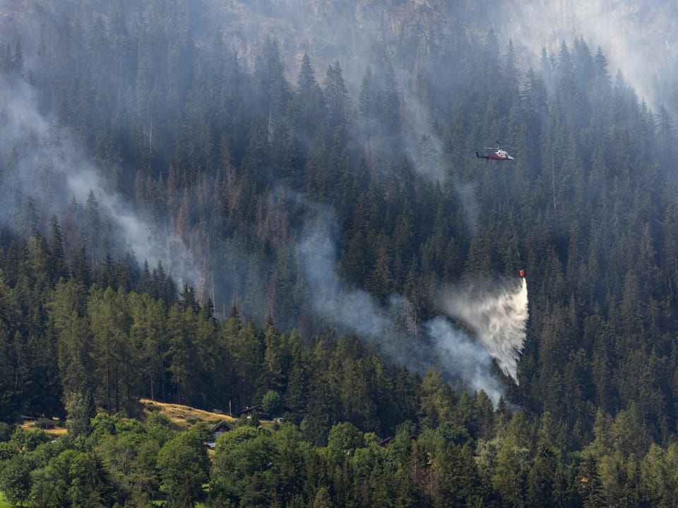 Ein Helikopter lässt Wasser über einem Waldgebiet ab