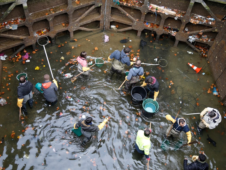 Arbeiter fischen Müll aus dem Kanal.