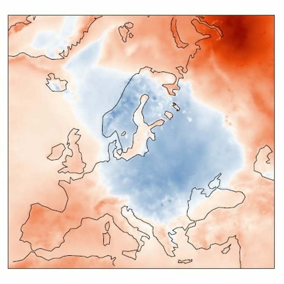 Europakarte mit blauen und roten Flächen. Die Farben entsprechen der Abweichung der Temperatur im Mai zum langjährigen Durchschnitt.